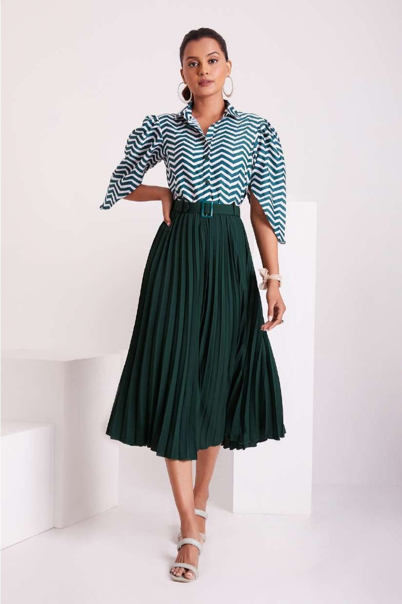 Green and White Pleated Western Wear Stylish Dress For Women