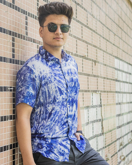 Royal Blue And White Tie Dye Casual Printed Shirt For Men