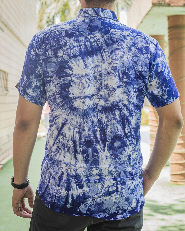 Royal Blue And White Tie Dye Casual Printed Shirt For Men