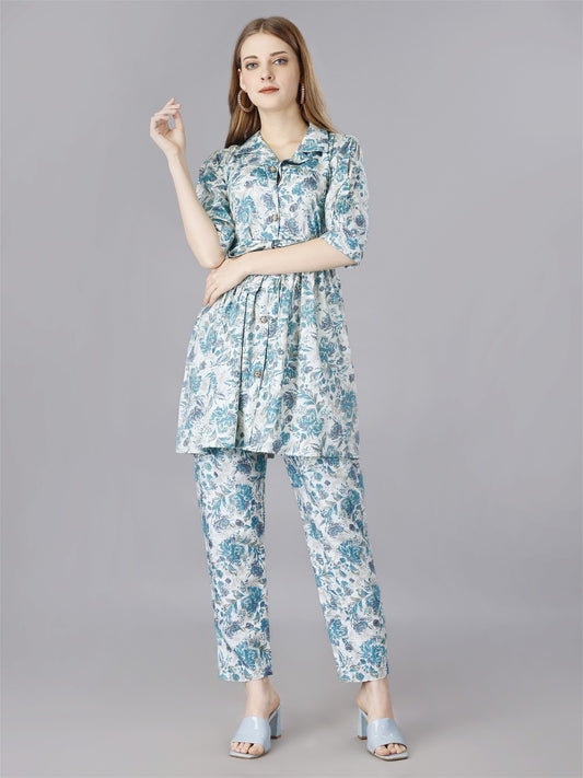 Printed  Blue 2-Piece Shirt & Trousers Set