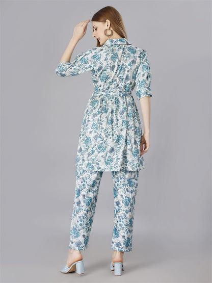 Printed  Blue 2-Piece Shirt & Trousers Set