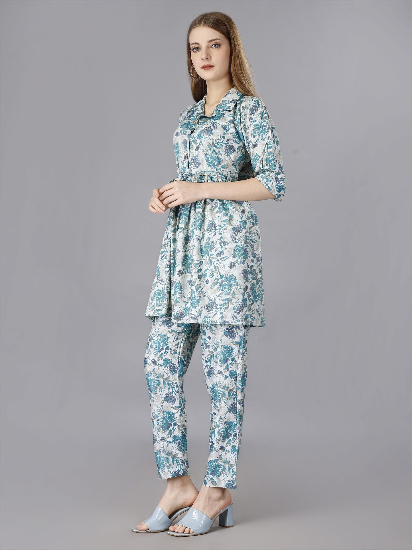 Printed  Blue 2-Piece Shirt & Trousers Set