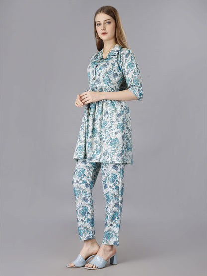 Printed  Blue 2-Piece Shirt & Trousers Set