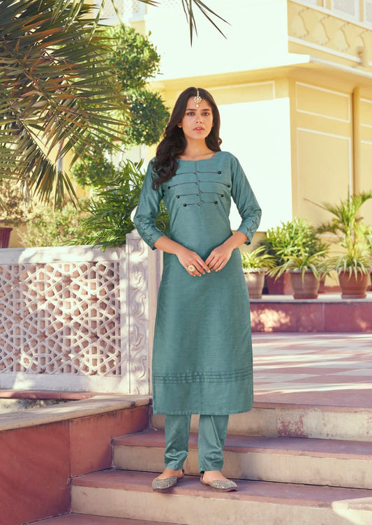 Teal Blue Latest Roman Silk Kurti With Pant