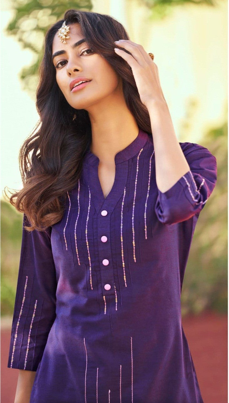 Purple Color Latest Roman Silk Kurti With Pant