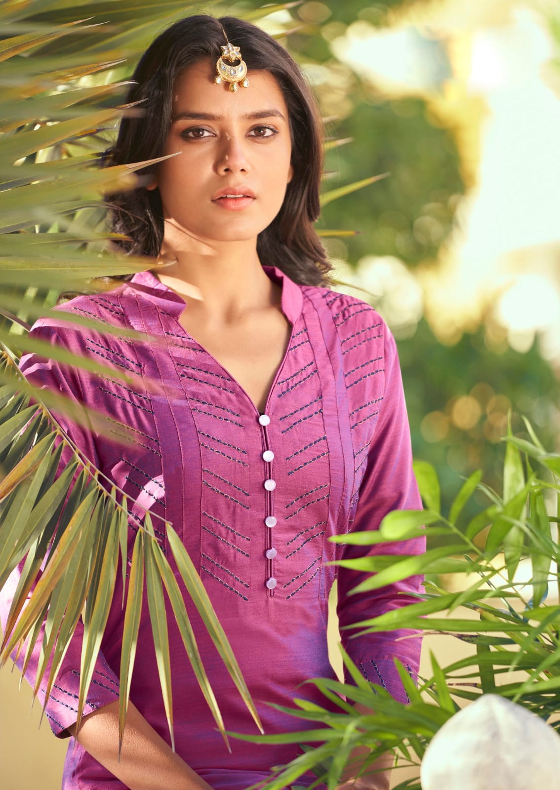 Purple Pink Embroidered  Work Roman Silk Kurta Set