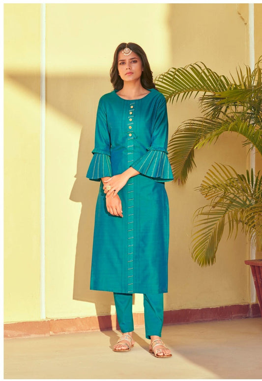 Teal Blue Latest Roman Silk Kurti With Pant