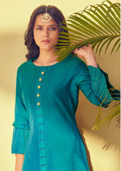 Teal Blue Latest Roman Silk Kurti With Pant