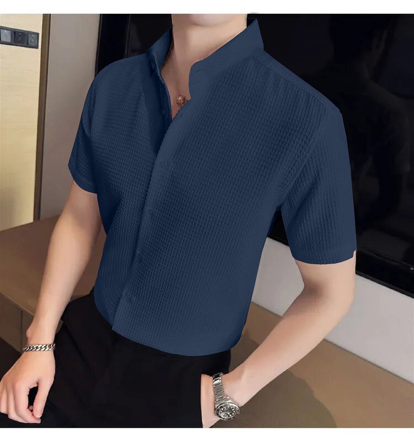 Navy Blue  Colour Men's Casual Wear Short Sleeve Shirt