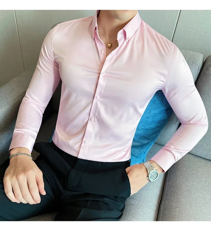 Men Regular Fit Solid Button Down Light Pink Satin Formal Shirt