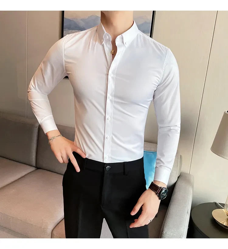 Men Regular Fit Solid Button Down White  Satin Formal Shirt