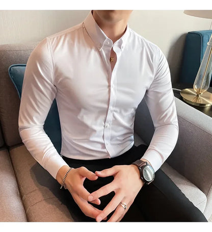 Men Regular Fit Solid Button Down White  Satin Formal Shirt