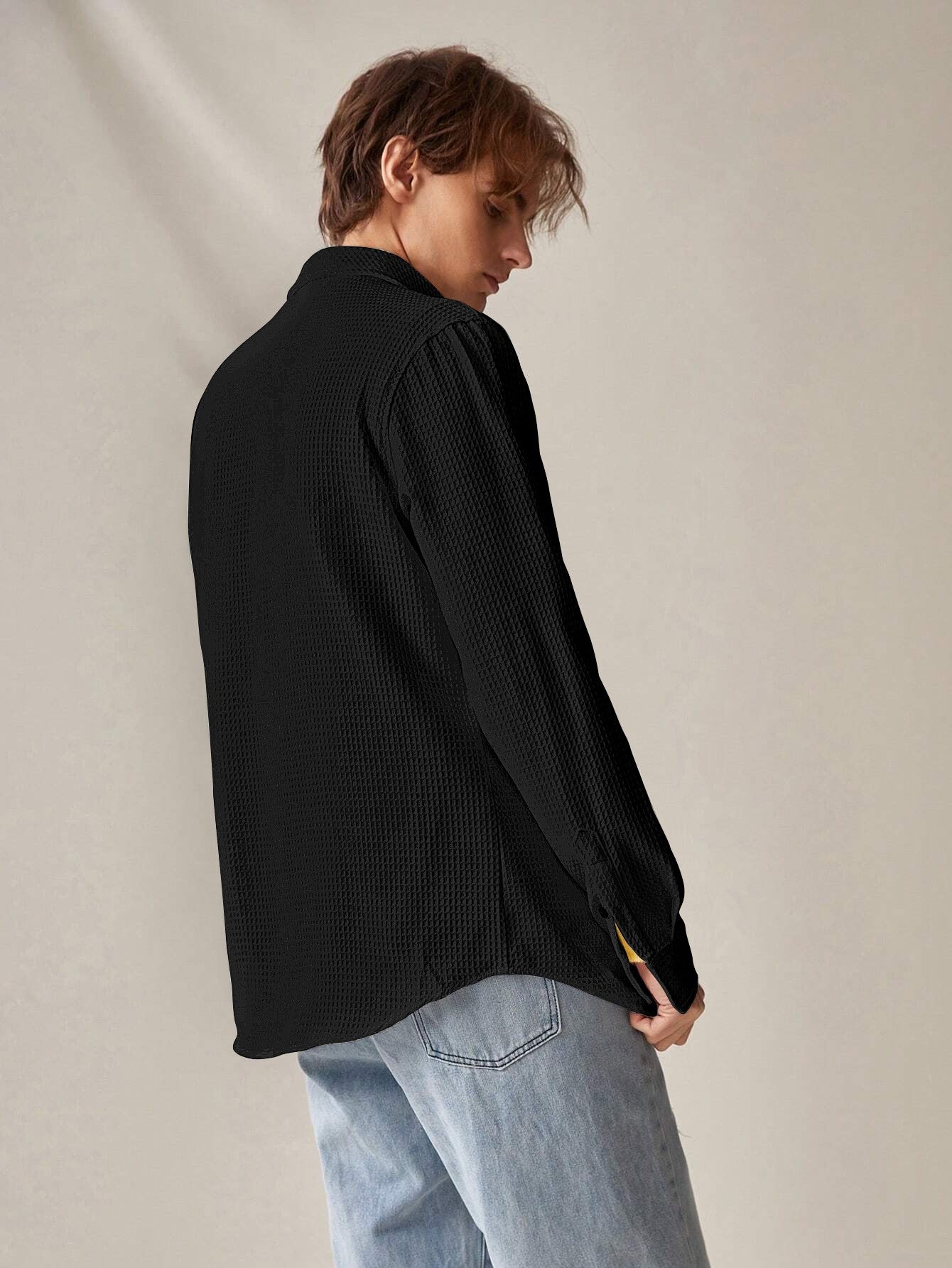 Black Long  Sleeve Waffle Shirt