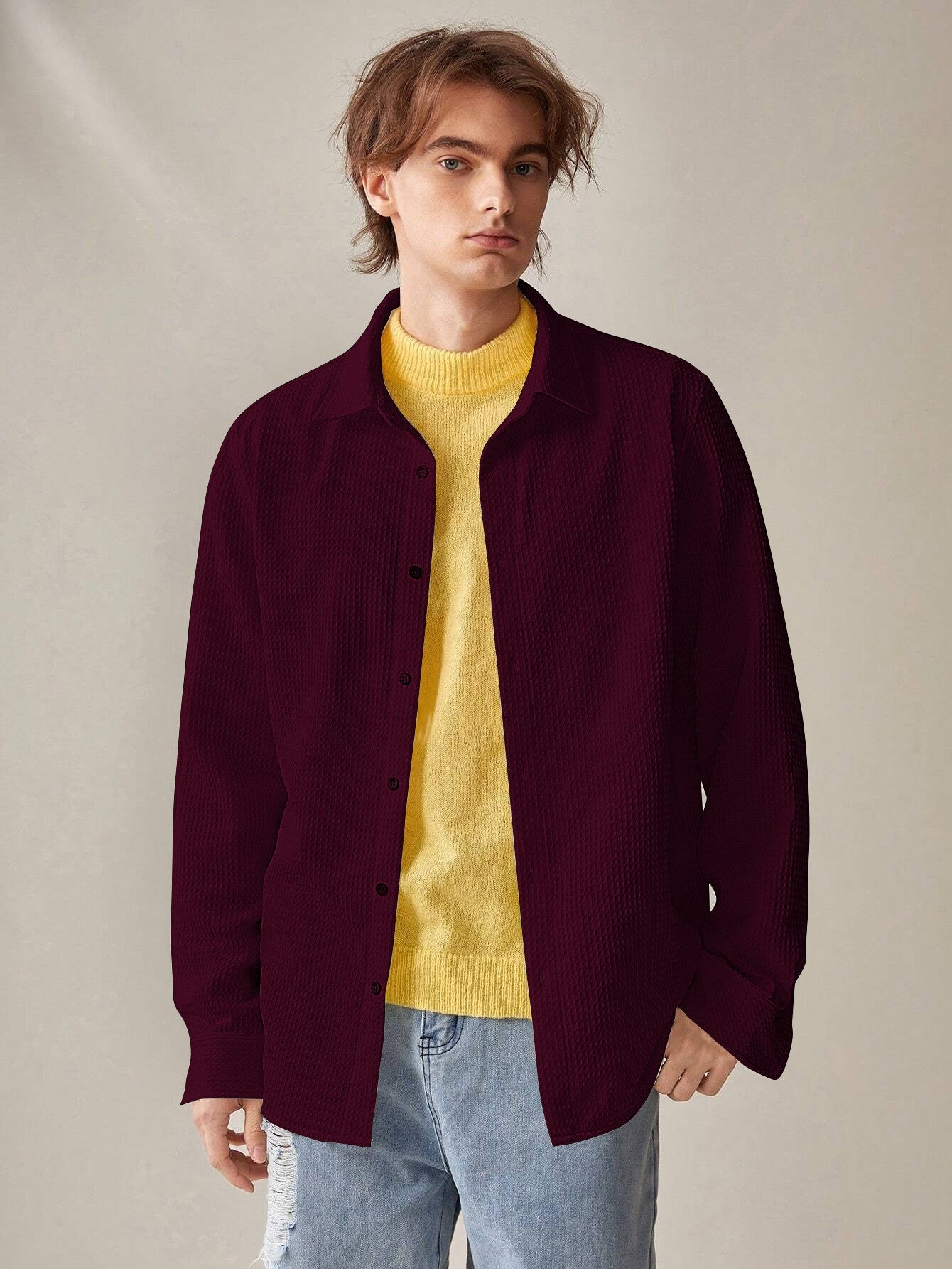 Maroon  Long Sleeve Waffle Shirt