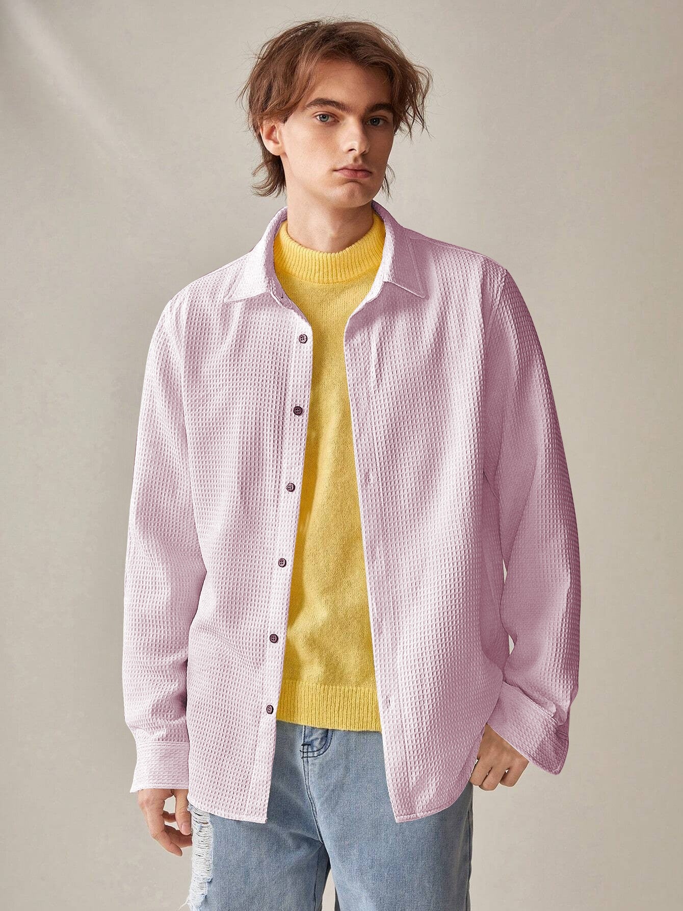 Light Pink  Long Sleeve Waffle Shirt