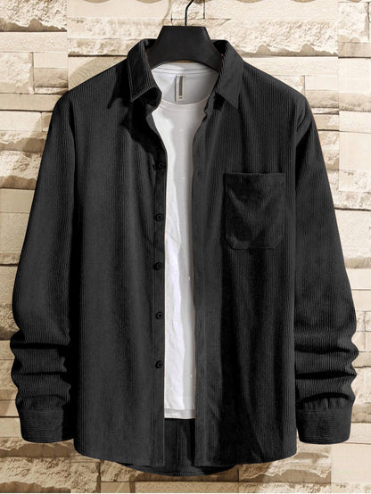 MIdnight Black Men Corduroy Flap Pocket Button Front Shirt