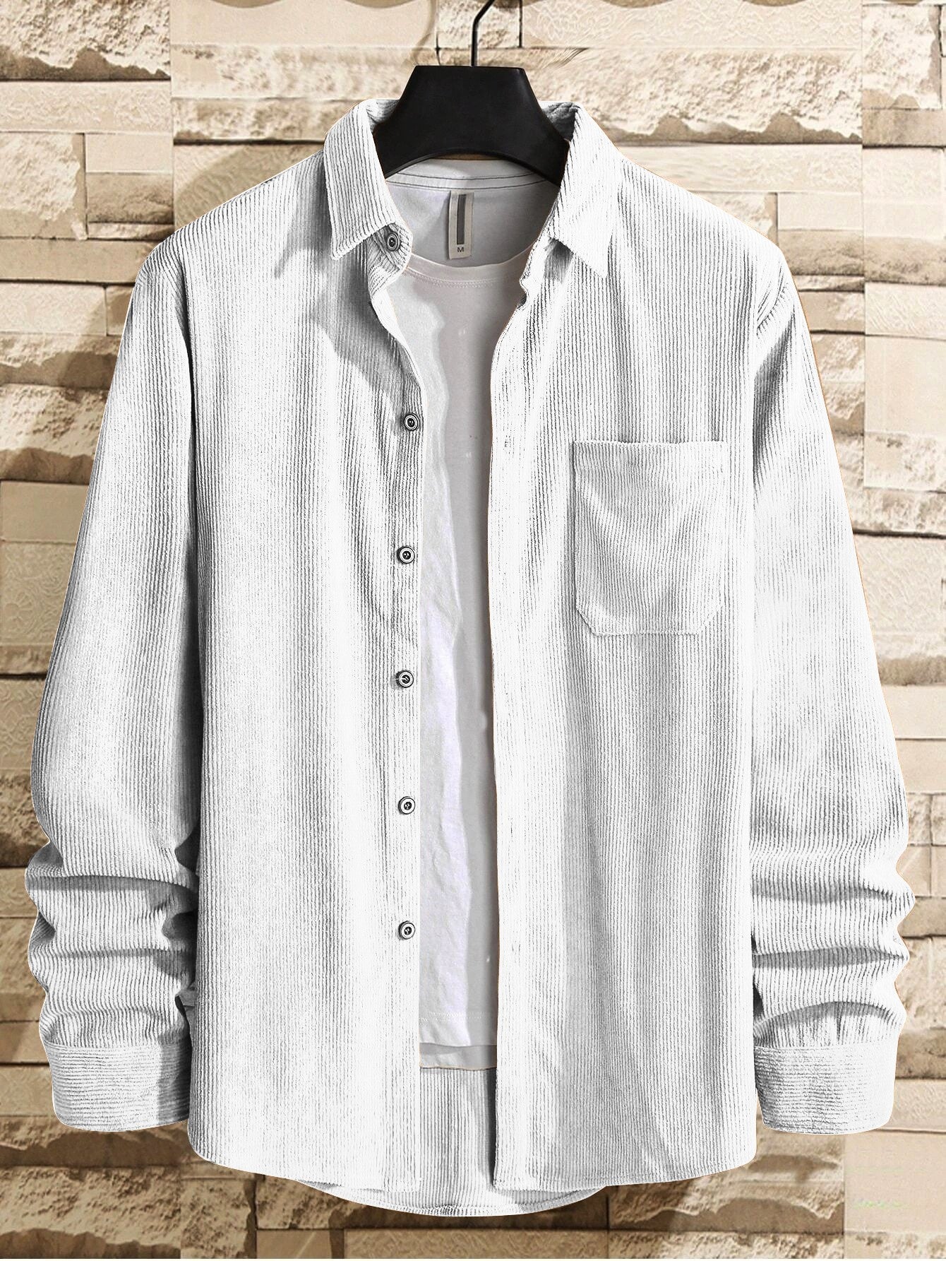 Iron White Men Corduroy Flap Pocket Button Front Shirt