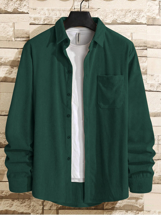 Charming Green Men Corduroy Solid Shirt With Pocket