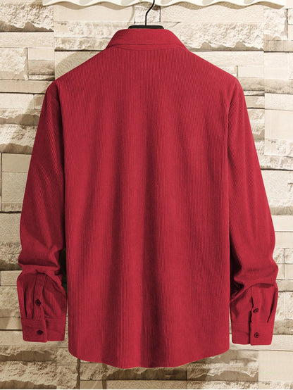 Charming Red  Men Corduroy Solid Shirt With Pocket