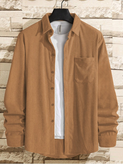 MIdnight Brown  Men Corduroy Flap Pocket Button Front Shirt