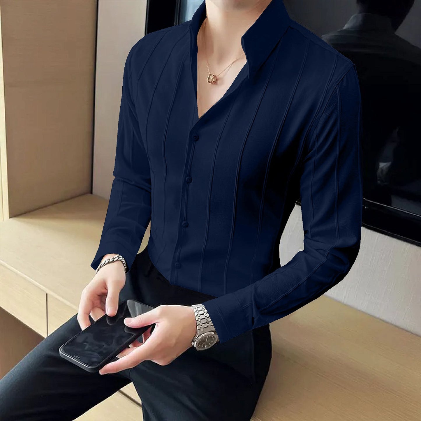 Refreshing Navy Blue Striped Premium Shirt